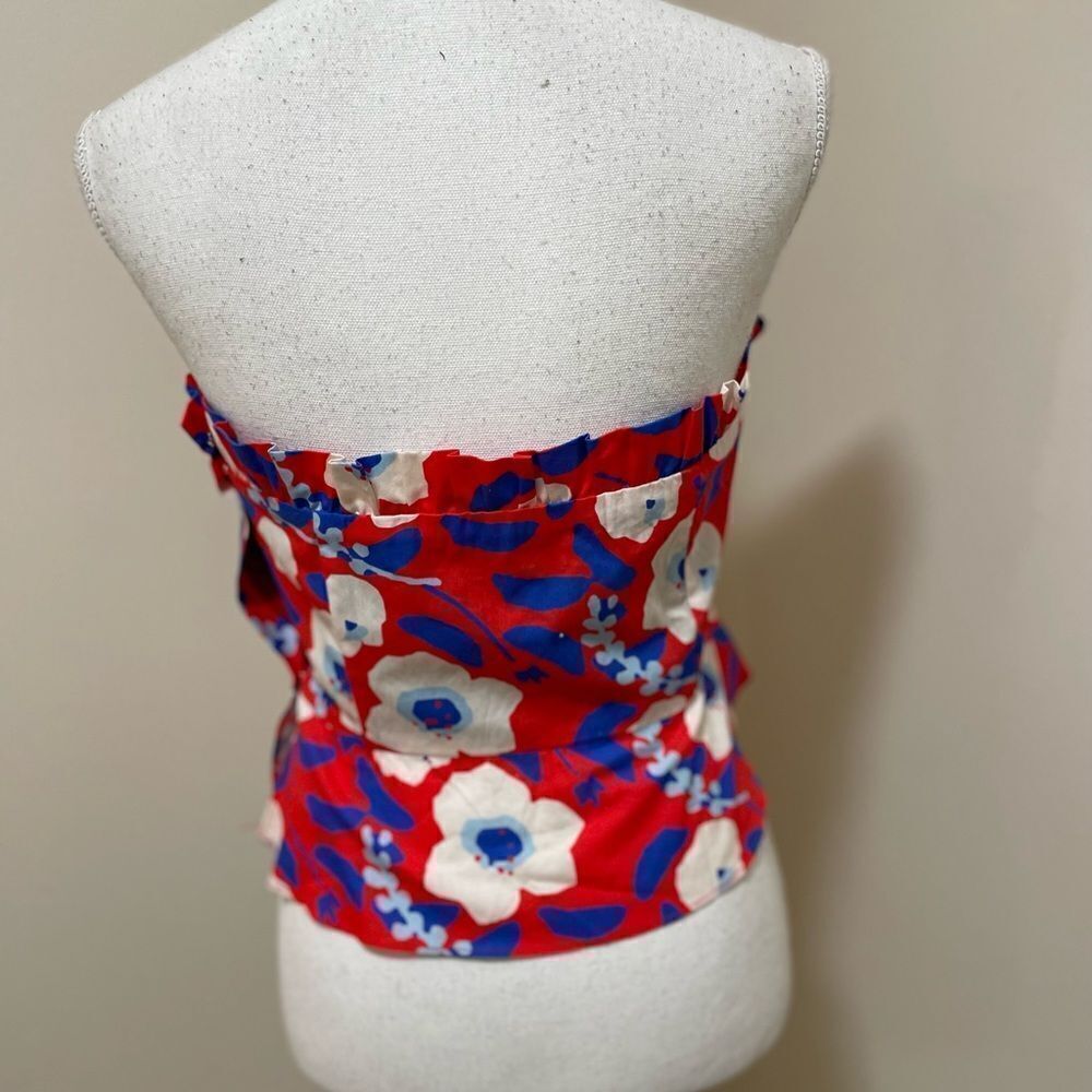 Anthropologie Red Floral Ruffle Strapless Camisole with Blue and White Blooms - Picture 7 of 9